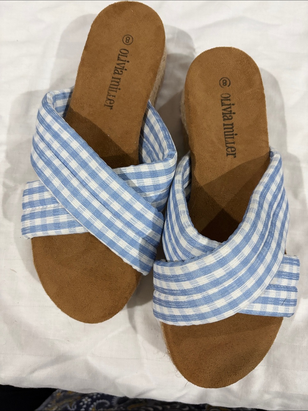 Olivia Miller Light Blue Gingham Crisscross Slide Sandals
